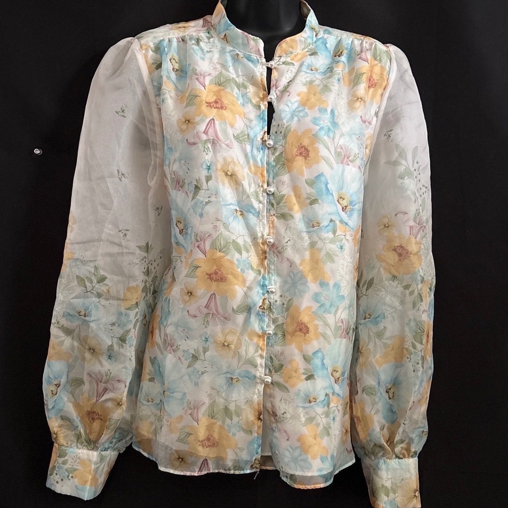 Sheer Floral Blouse M White Yellow Blue Cottagecore Pearl Button Coquette Dainty